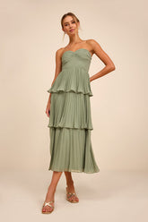 Seriously Sensational Sage Strapless Tiered Midi Dress