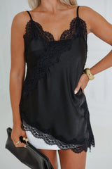 Asymmetric Lace Cami Top-Black