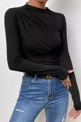 Solid Ruched Slim Fit Long Sleeve Tee