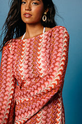 Valestra Pink Striped Crochet Long Sleeve Swim Cover-Up Dress