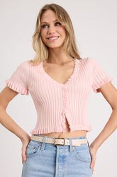 Keighlen Light Pink Ribbed Ruffled Short Sleeve Sweater Top
