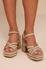 St. Barts Natural and Black Raffia Platform Sandals