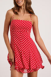 Perfected Sweetness Red Polka Dot Pleated Tiered Mini Dress