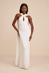 Delphina Ivory Jersey Knit Halter Sash Maxi Dress