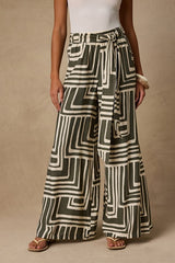 Azariah Olive Green Boho Print Wide-Leg Pants