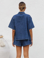 Casual Denim Shirt Pants Two Piece Set
