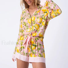 Fall Stripe/Fruit Print Button Shirt Drawstring Shorts Two Piece Set