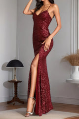 Sequin Slit Spaghetti Strap Formal Dress