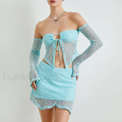 Sexy Crochet Knit Bodycon Skirt Two Piece Set