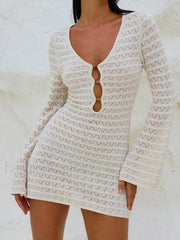 Solid Color Hollow-Out Long Sleeve Knitted Cover Up