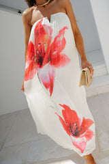 Floral Pleated Strapless Maxi Dress-Cream