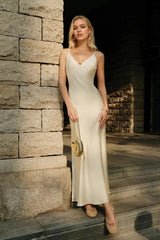 Satin V-Neck Backless Solid Strappy Maxi Dress