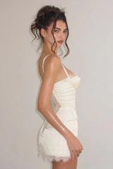 Satin Lace Ruffle Strapless Mini Dress