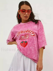 Strawberry Rose Red Print Oversized T-Shirt