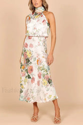 Satin Halter A-Line Floral Dress