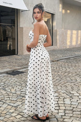 High Waist Polka Dot Strapless Slit Maxi Dress