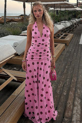 Backless Tie Waist Polka Dot Maxi Dress