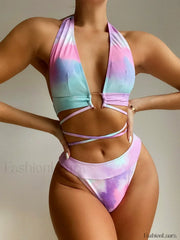 Print Bandage Halter Metal Ring Bikini Set