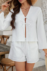 Casual Button Cardigan Beach Shorts Set