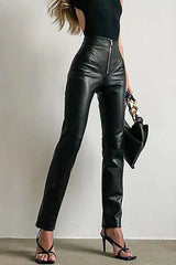 PU Leather Front Zipper Slim Fit Pants