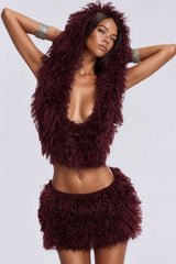 Faux Fur Hooded U Neck Backless Crop Top Mini Skirt Set