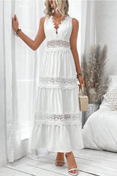 V Neck Lace Patchwork Sleeveless Boho Dress