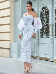 Jacquard Split Blue Maxi Dress