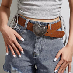 Brown Textured Heart Buckle Metal Belt