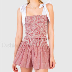 Shirred Tie Shoulder Crop Cami Elastic Waist Shorts Two Piece Set