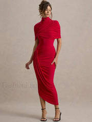 Ruched Turtleneck Midi Dress