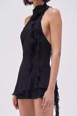 Asymmetric Rose Halter Mini Dress