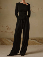 Ribbed Knit Long Trendy Sleeve Asymmetric Shirt