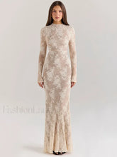 Lace Print Long Sleeve Maxi Dress