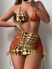Dot Print Halter Triangle Three Piece Set
