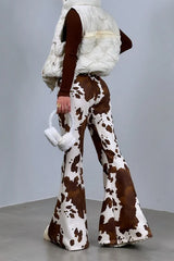 Brown Cow Print High Waist Long Flared Pants