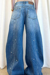 Pearl Embellished High Waisted Wide Leg Jeans