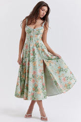 Strap Slit Fit Flare Floral Dress