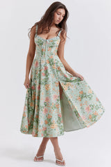 Strap Slit Fit Flare Floral Dress