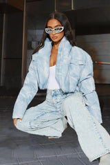 Printed Color Block Crop Quilted Puffer Jacket