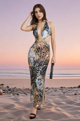 Printed Hollow Snake Pattern Sexy Perspective Floral Dress