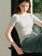 Wool Slim Stripe Irregular Hem T-Shirt
