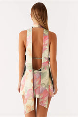 Deep V Neck Backless Tie Detail Mini Floral Dress
