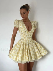 Pleated Puff-Sleeve Floral Dress