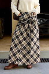 Asymmetric Color Block Plaid Midi Skirt