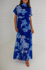Dime Floral Organza Mockneck Maxi Dress-Navy Blue