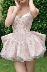 Ruched Corset Bow A Line Mini Floral Dress
