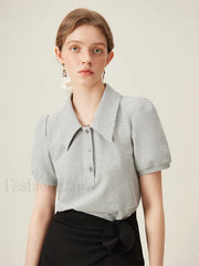 Polo Neck Stripe Contrasting Color T-Shirt