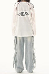 V Neck Graphic Print Oversized Raglan Long Sleeve Tee