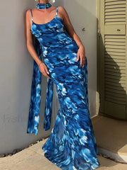 Blue Lace-Up Maxi Floral Dress