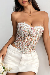 Floral Embroidery Boned Sheer Corset Tube Top